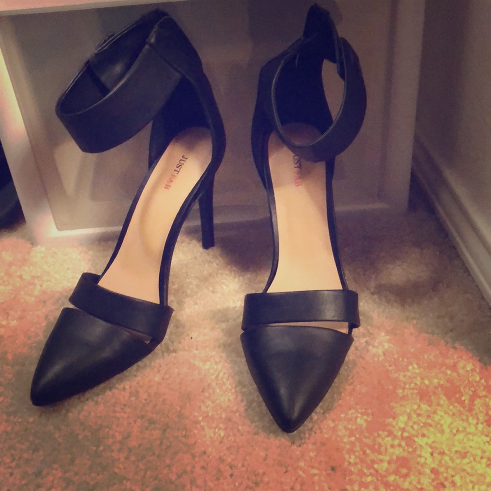 All black ankle strap heels